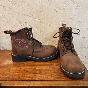 Justin Gypsy Steel Toe Women's Brown Lace-Up Boots with pink embroidery sz 7.5B